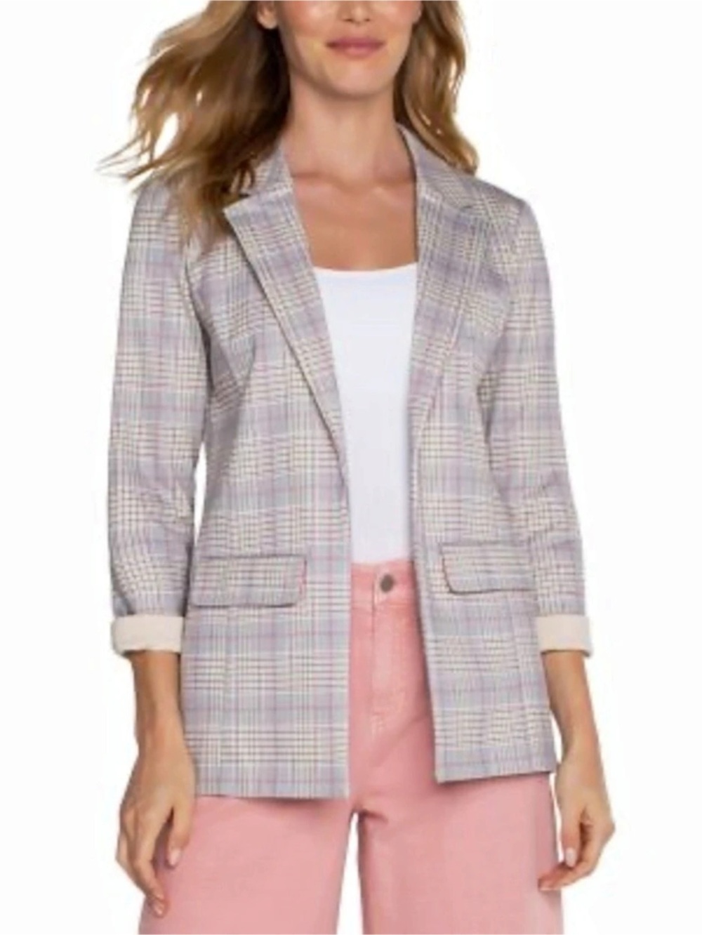 Liverpool Plaid Blazer in Gray & Pink Like New